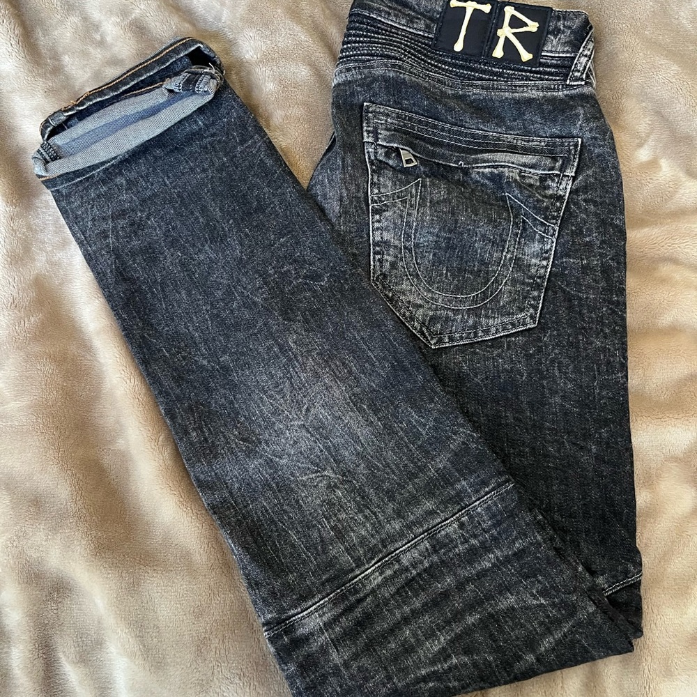 New TRUE RELIGION men jeans Rocco Moto relaxed skinny black sz 33